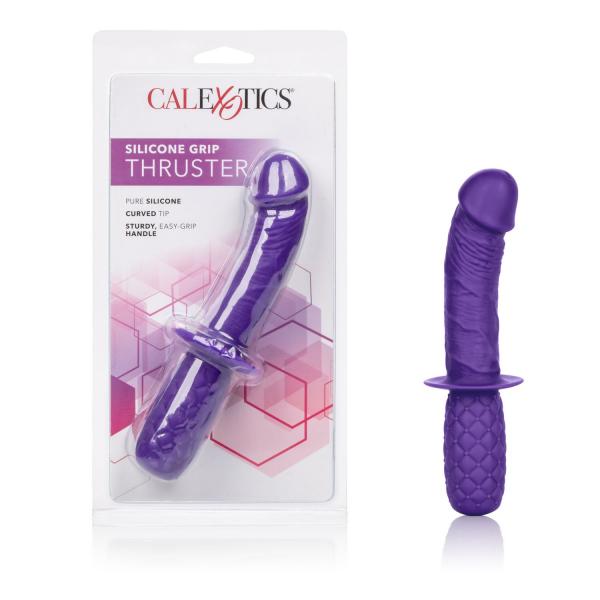Silicone Grip Thruster 7.5" G-Spot Dildo by CalExotics - Purple next to the clamshell package