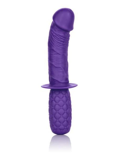 Silicone Grip Thruster 7.5" G-Spot Dildo by CalExotics - Purple against a white background showing a side view of the angled tip and ridges