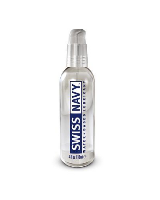 Clear bottle of  Swiss Navy Water Based Lubricant - 4oz with blue lettering 