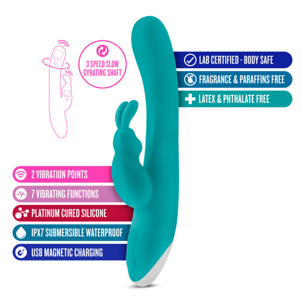 Hop Rave Rechargeable Silicone Rabbit Vibrator by Blush Novelties - Aquamarine Blue features