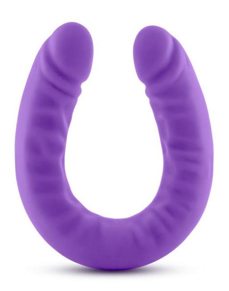 Ruse 18 inch Silicone Slim Double Dildo by Blush Novelties - Purple against a white background showing the U shape and the textures on the shaft