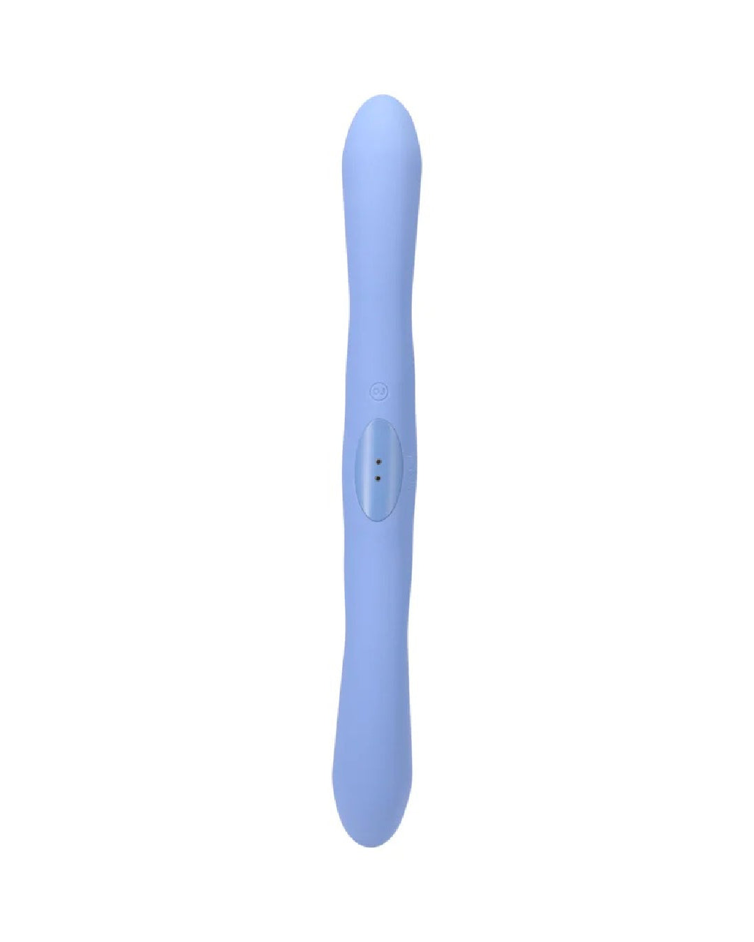 Tryst Duet Double Ended Vibrator with Remote - Vibrator facing forward showcasing its varying widths from top to bottom - top is a little wider then tapers downwards, getting wider towards the middle, then tapering a little, getting wider again towards the other end