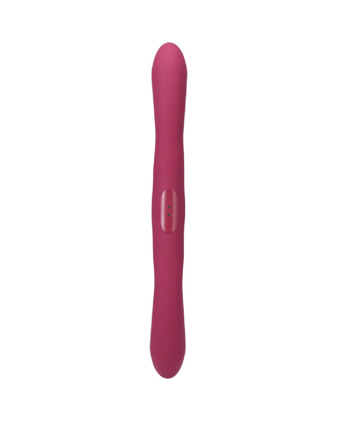 Tryst Duet Double Ended Vibrator with Remote - Vibrator facing forward showing the charging port (magnetic in the middle of the toy) 