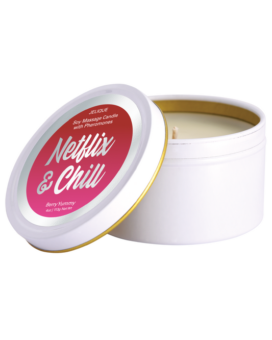 Netflix & Chill Pheromone Massage Candle - Berry Yummy Scent with lid off