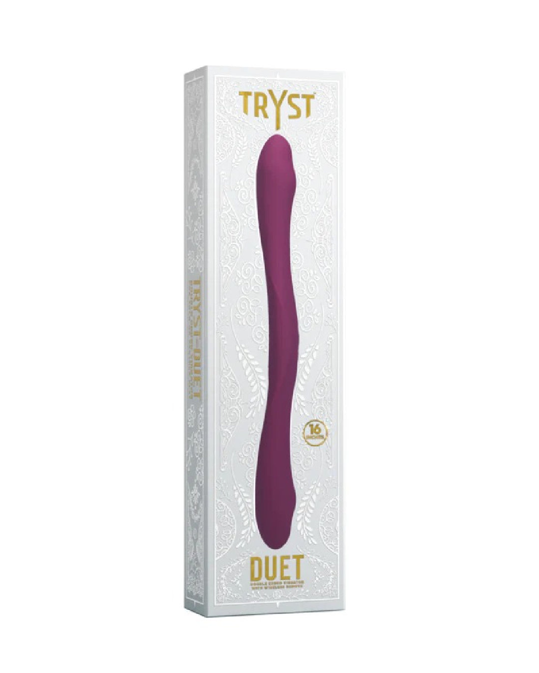 Tryst Duet Double Ended Vibrator with Remote - Packaging, white box gold lettering at the top says TRYST and product image displayed below