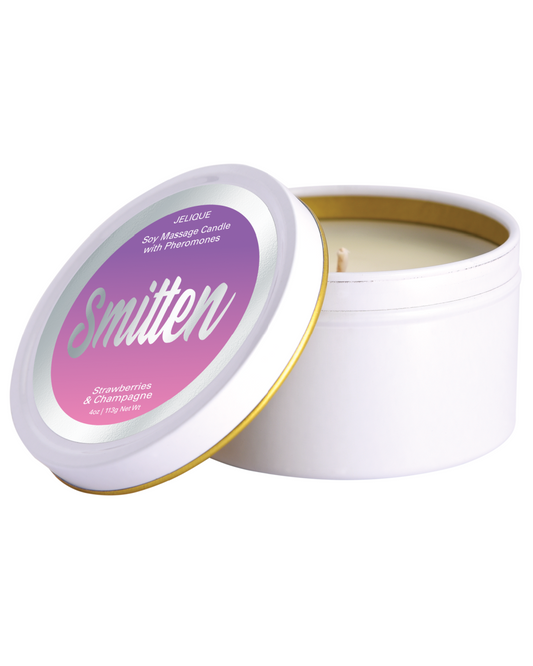 Smitten Pheromone Massage Candle - Strawberry Champagne Scent with lid off