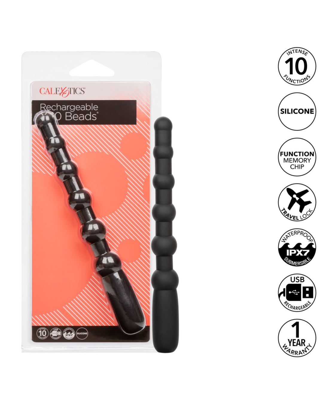 Rechargeable X-10 Powerful Black Silicone Vibrating Anal Beads showing features 